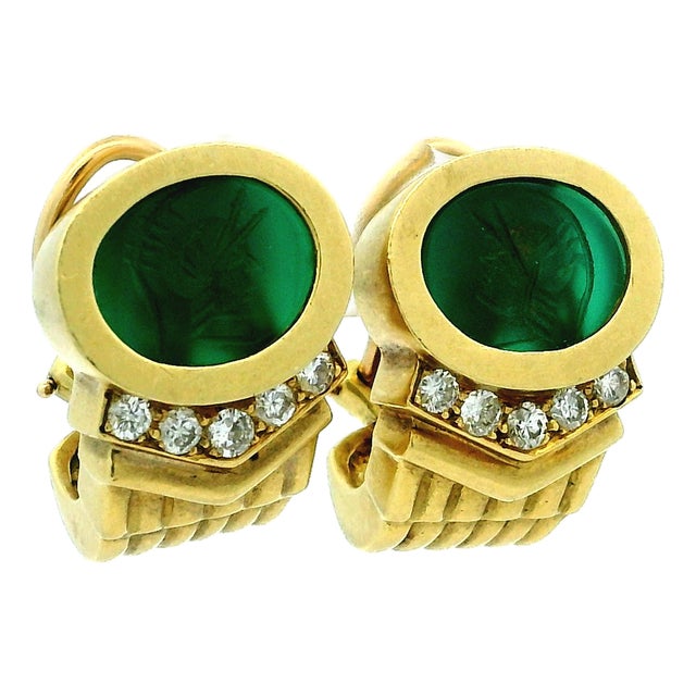 1980s GWK 18k Gold Chrysoprase Intaglio Diamond Earrings, Pair For Sale