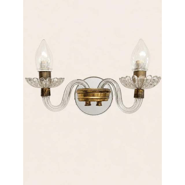 Metal Mid-Century Murano Glass & Brass Two-Arm Wall Sconces, 1960s, Set of 2 For Sale - Image 7 of 7
