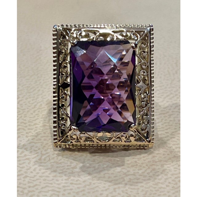 13.5 Carat Checker Board Amethyst Filigree Cocktail Ring in 14 Karat Yellow Gold For Sale - Image 9 of 18