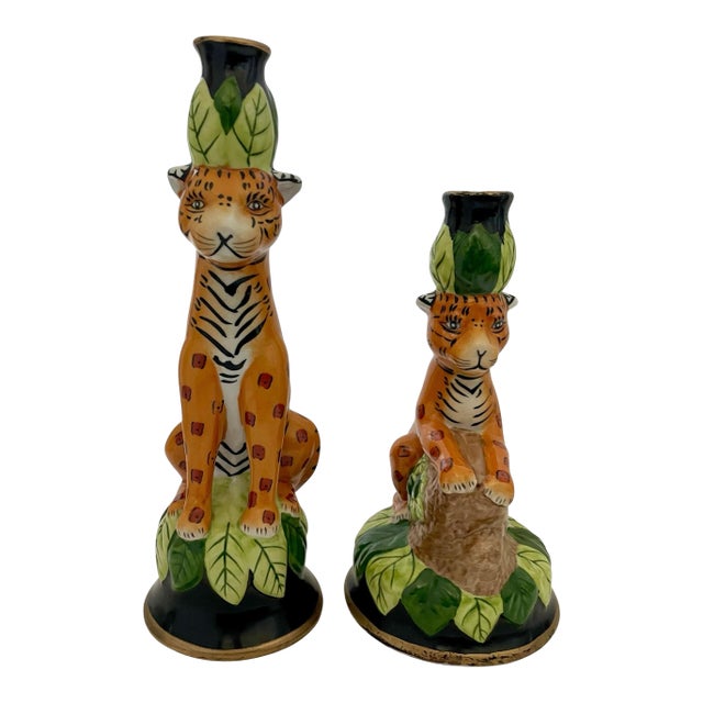 2 Vntage Porcelain Jungle Cat Candlestick Holder Leopard Cheetah For Sale