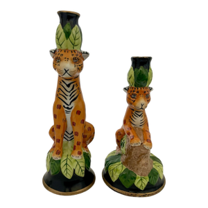 2 Vntage Porcelain Jungle Cat Candlestick Holder Leopard Cheetah