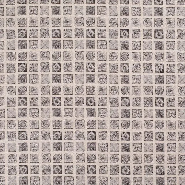 Tunisian Tile Small Print on Natural Linen Fabric For Sale