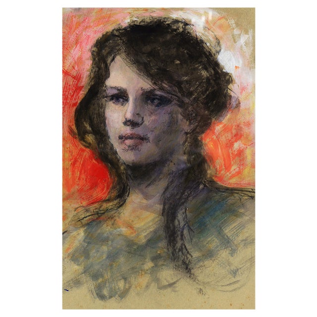 Renato Criscuolo, Mediterranean Female Portrait, Mixed Media on Cardboard For Sale