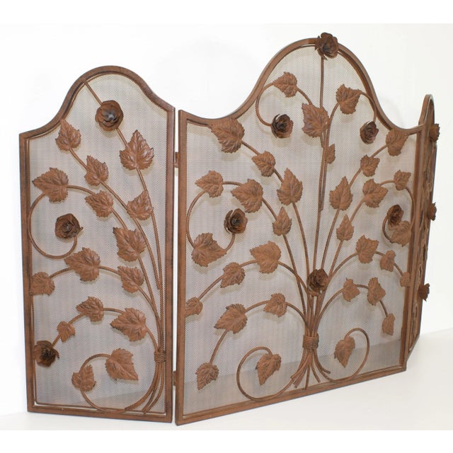 Vintage Reddish Brown Wrought Iron Fireplace Screen With Rose Vine Design For Sale - Image 4 of 5