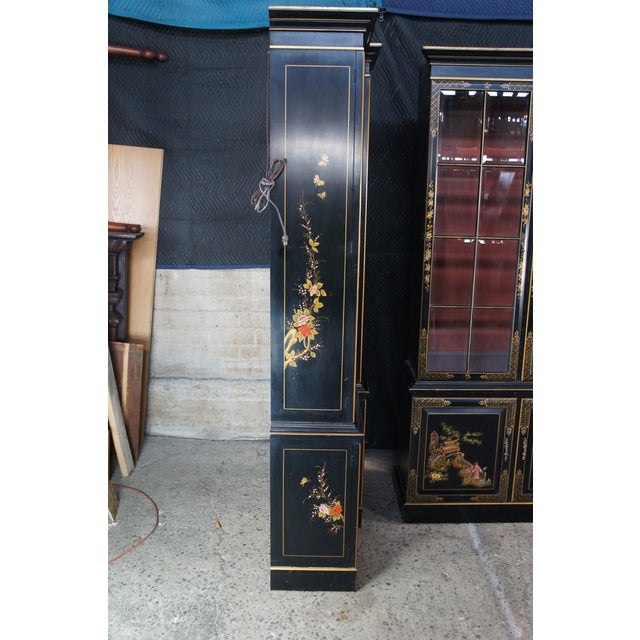 Union National Black Lacquer Chinoiserie Breakfront China Display Cabinet For Sale - Image 10 of 15