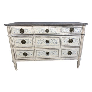 19th Century French Neoclassical Style Painted Nine-Drawer Commode With Hand-Painted Foliate For Sale