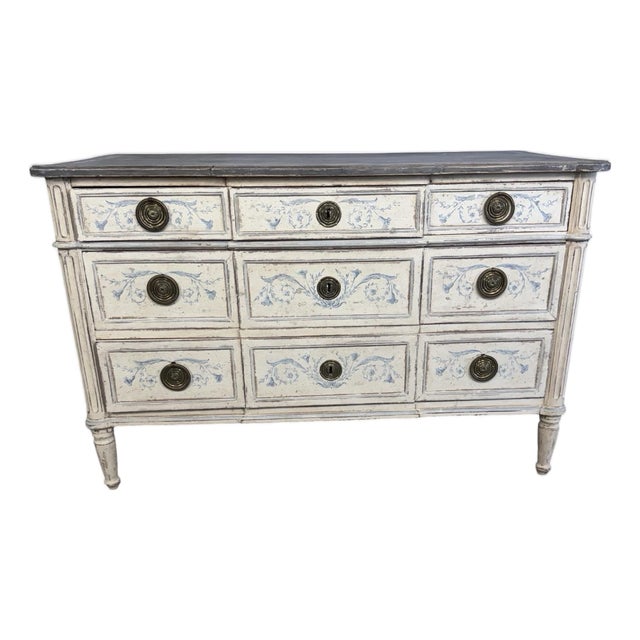 19th Century French Neoclassical Style Painted Nine-Drawer Commode With Hand-Painted Foliate For Sale
