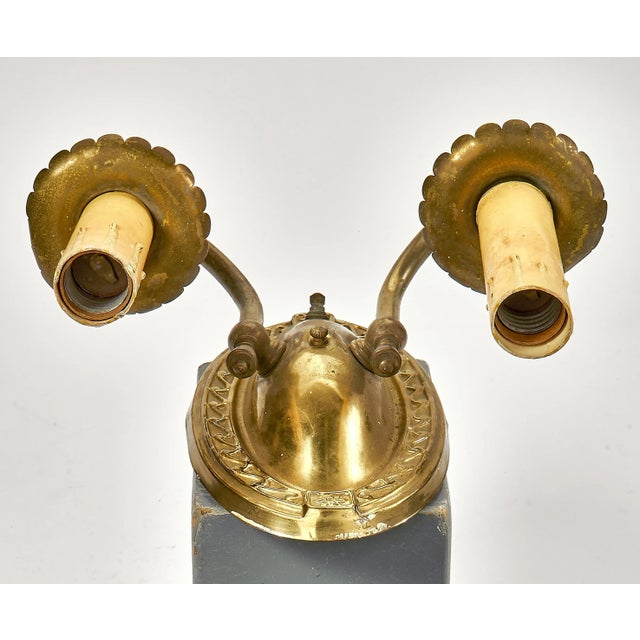 Antique Art Deco Stamped Brass Two Arm Wall Sconce With Twist Knob Switch For Sale - Image 4 of 8