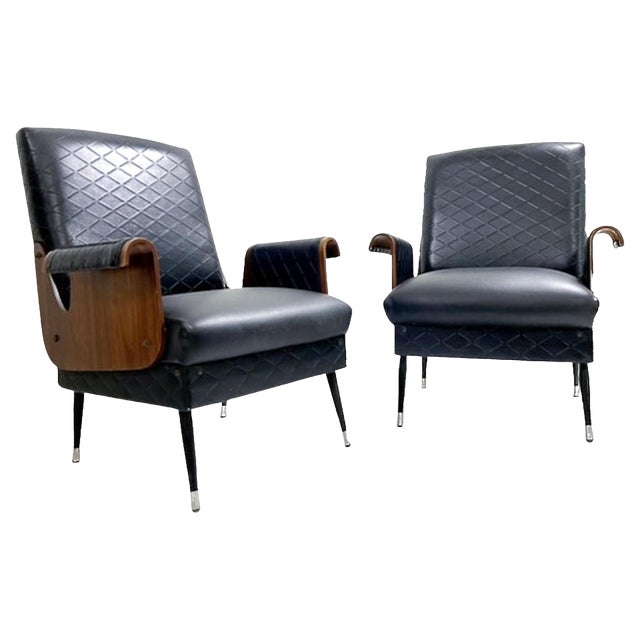 Set of Mid-Century Modern Armchairs in Walnut and Vegan Leather, Italy, 1960s For Sale