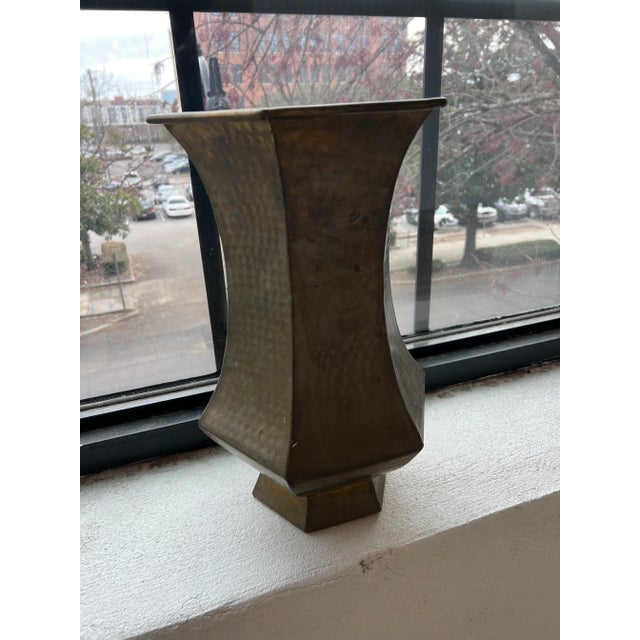 Beautiful geometric vase with a pentagon opening. Aged patina. Solid brass.