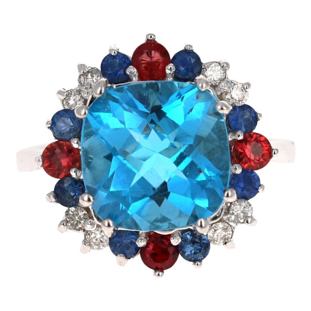 5.39 Carat Cushion Cut Blue Topaz Sapphire Diamond 14K White Gold Cocktail Ring Size 7 For Sale