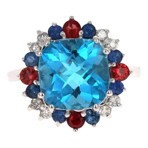5.39 Carat Cushion Cut Blue Topaz Sapphire Diamond 14K White Gold Cocktail Ring Size 7