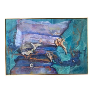 Seascape Original Abstract Marine Life With Shells Pastel Drawing by Sharon Johnson, Signed, Framed For Sale