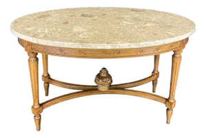 French Louis XVI Style Marble Top Carved Walnut Coffee Table