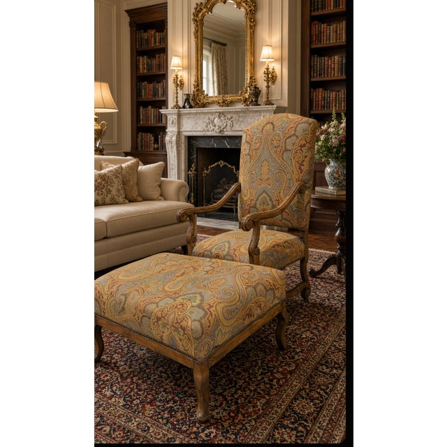 Guy Chaddock & Co. Westbourne Collection Carved Armchair and Ottoman in Paisley Tapestry With Nailhead Trim For Sale - Image 10 of 12