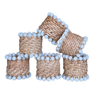 Vintage Pearl Bead Accent Rattan Napkin Rings - Set of 6 For Sale