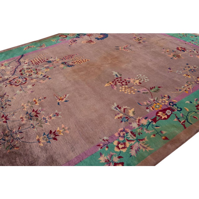 Antique Chinese Art Deco Rug - Plum & Jade Green Floral Wool 9x12 For Sale - Image 4 of 12