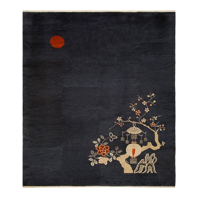 1920s Antique Black Open Field Floral Red Moon Chinese Peking Room Size Wool Rug For Sale