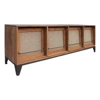 Coastal Boho Teak Wood Media Console With Caned Doors – Natural Finish For Sale
