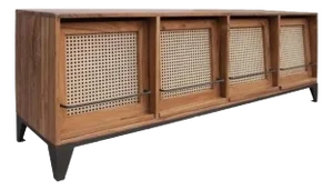 Coastal Boho Teak Wood Media Console With Caned Doors – Natural Finish