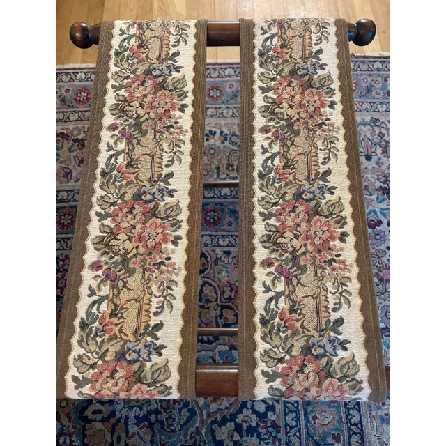 Rustic European Vintage French Beechwood and Tapestry Folding Luggage Rack For Sale - Image 3 of 12