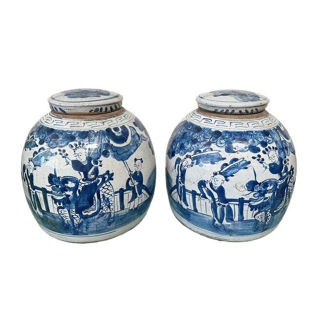 Chinoiserie Contemporary Chinoiserie Indigo & Bone Porcelain Ginger Jars With Children - A Pair For Sale - Image 3 of 7