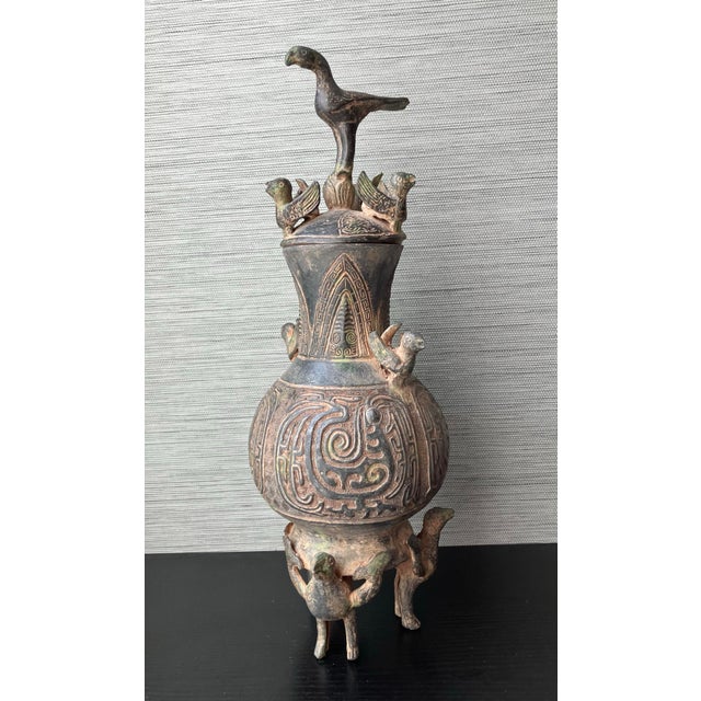 Late 19th Century Antique Qing Dynasty Era Chinese Bronze Vessel W/ 3d-Birds, 18" T. X 6" W. For Sale - Image 5 of 12