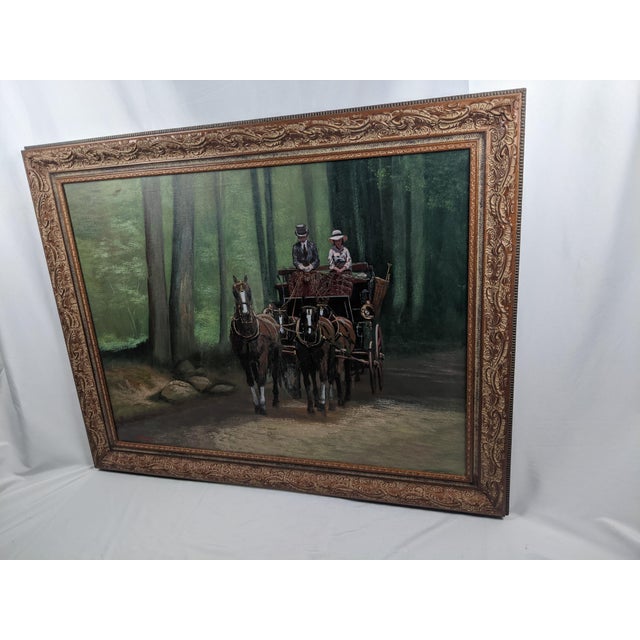 Late 20th Century Monumental Green Equestrian Horse Carriage Oil Painting Ornate Gilt Frame Scott Duncan For Sale - Image 4 of 18