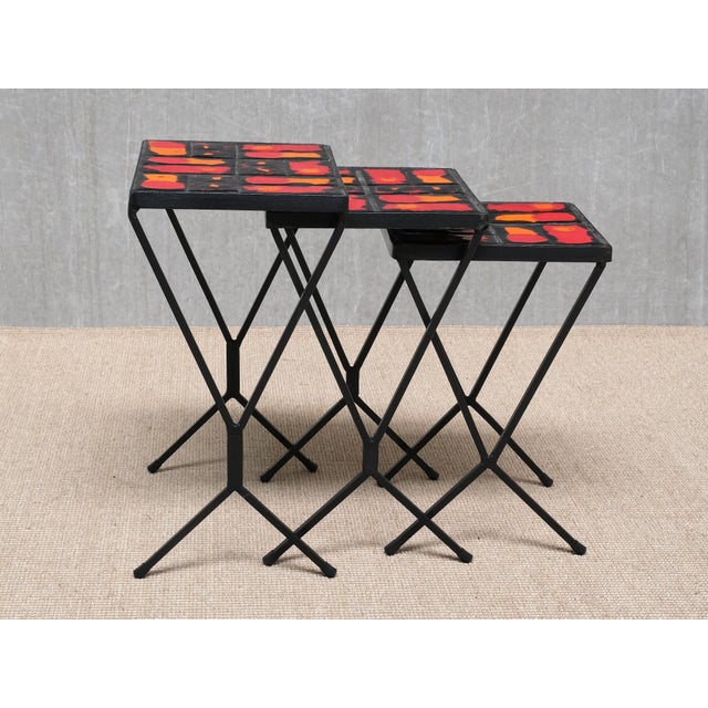 French Modern Nesting Tables with Red and Orange Ceramic Tile Tops, 1950s, Set of 3 For Sale - Image 4 of 15