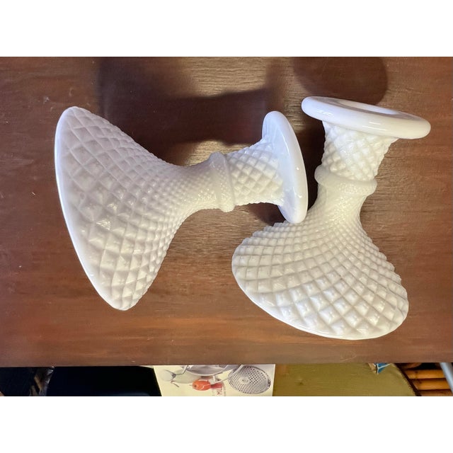 1960s Milk Glass Candle Holders. White English Hobnail diamond point design by Westmoreland