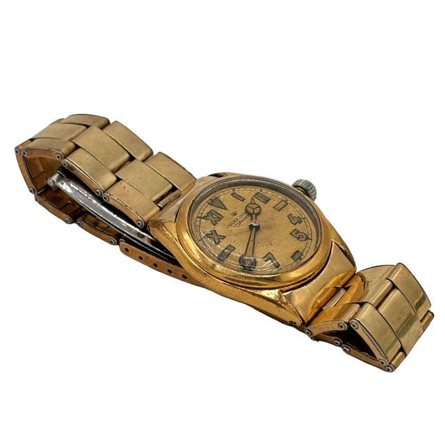 Mid-Century Modern 1947 Rolex Oyster Bubbleback “Elegante” Gold-Plated Wristwatch W California Dial For Sale - Image 3 of 10