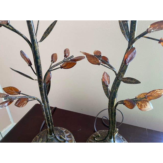 1980s Vintage Table Lamps With a Sculptural Tree Branch Motif Featuring Delicate, Amber Glass Leaves. Crafted in an Organic - a Pair For Sale - Image 5 of 10