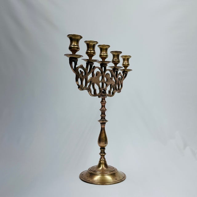 Early 20th Century 5 Candle Brass Polish Jewish Shabbat Candelabra "Lions of Judah" For Sale - Image 6 of 14