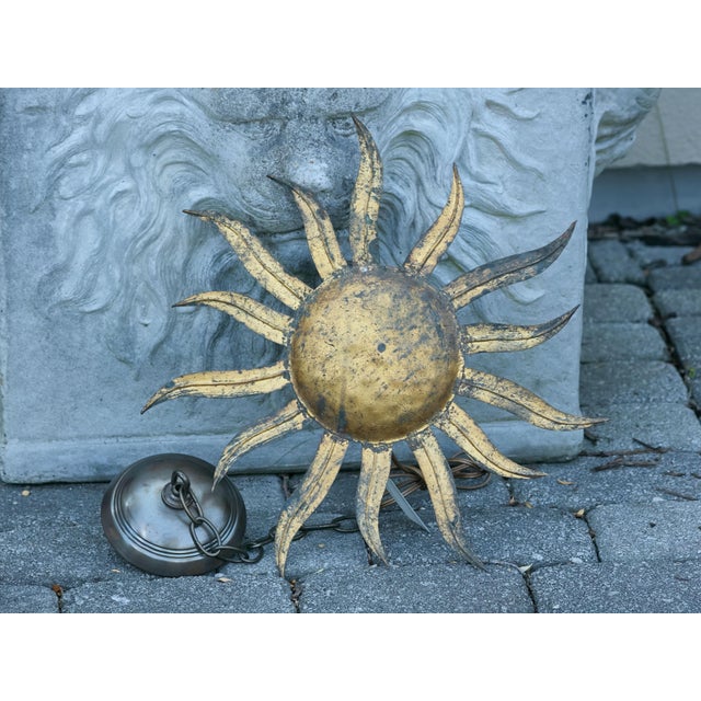 Gold Mid 20th Century Spanish Midcentury Gilt Metal Sunburst Light Fixture with Wavy Rays For Sale - Image 8 of 12