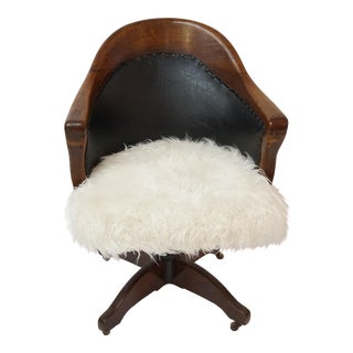 Antique Oak Bankers Swivel Chair With Mongolian Fur For Sale