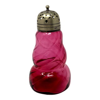 Antique Eapg Cranberry Glass Sugar Shaker | Swirl Pattern Muffineer 5.5" For Sale