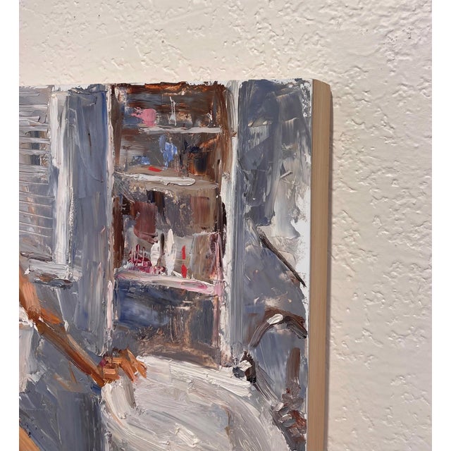 Figurative Bathsheba by Clyde Steadman | Oil Painting of a woman seated in a bathroom setting. For Sale - Image 3 of 3