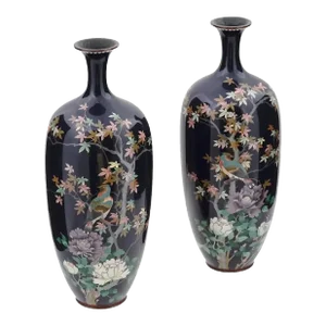 Late 19th Century Large Pair of Meiji Japanese Cloisonne Enamel Vases of Birds in a Garden
