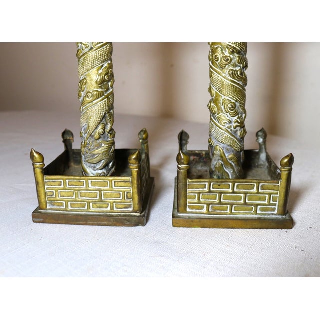 Pair of Antique Ornate Chinese Handmade Brass Dragon Candlesticks Candle Holders For Sale - Image 4 of 14