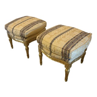 Antique French Upholstered Carved Giltwood Ottomans, 1920, Set of 2 For Sale