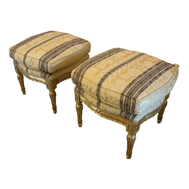 Antique French Upholstered Carved Giltwood Ottomans, 1920, Set of 2 For Sale