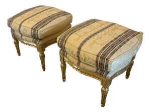 Antique French Upholstered Carved Giltwood Ottomans, 1920, Set of 2