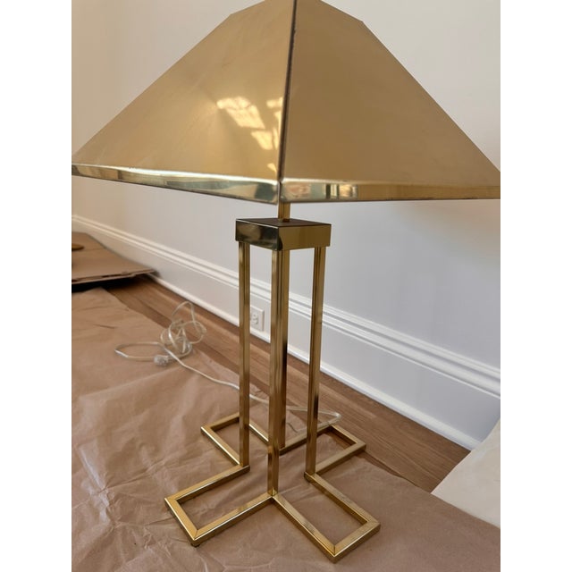 Mid Century brass table lamp with original shade. Purchased from an antique dealer in Old Lyme, CT