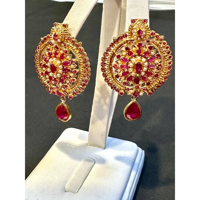 22 Karat Gold Ruby & Natural Pearl Yellow Gold Circle Stud Earring, Hanging Ruby For Sale - Image 10 of 18