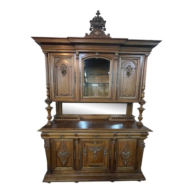 Antique French Renaissance Revival Walnut Sideboard Credenza W/ Hutch For Sale