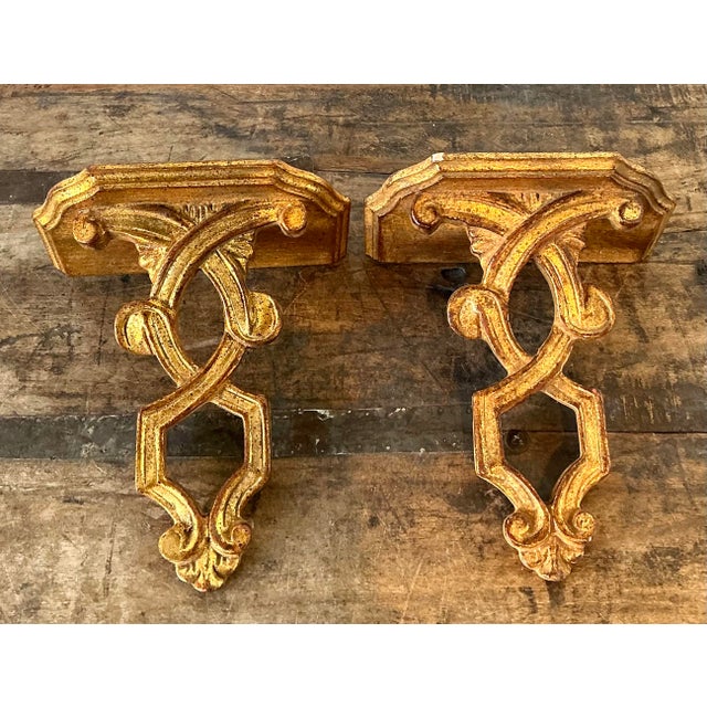 Hollywood Regency Vintage Italian Gilt Wall Brackets - A Pair For Sale - Image 3 of 12