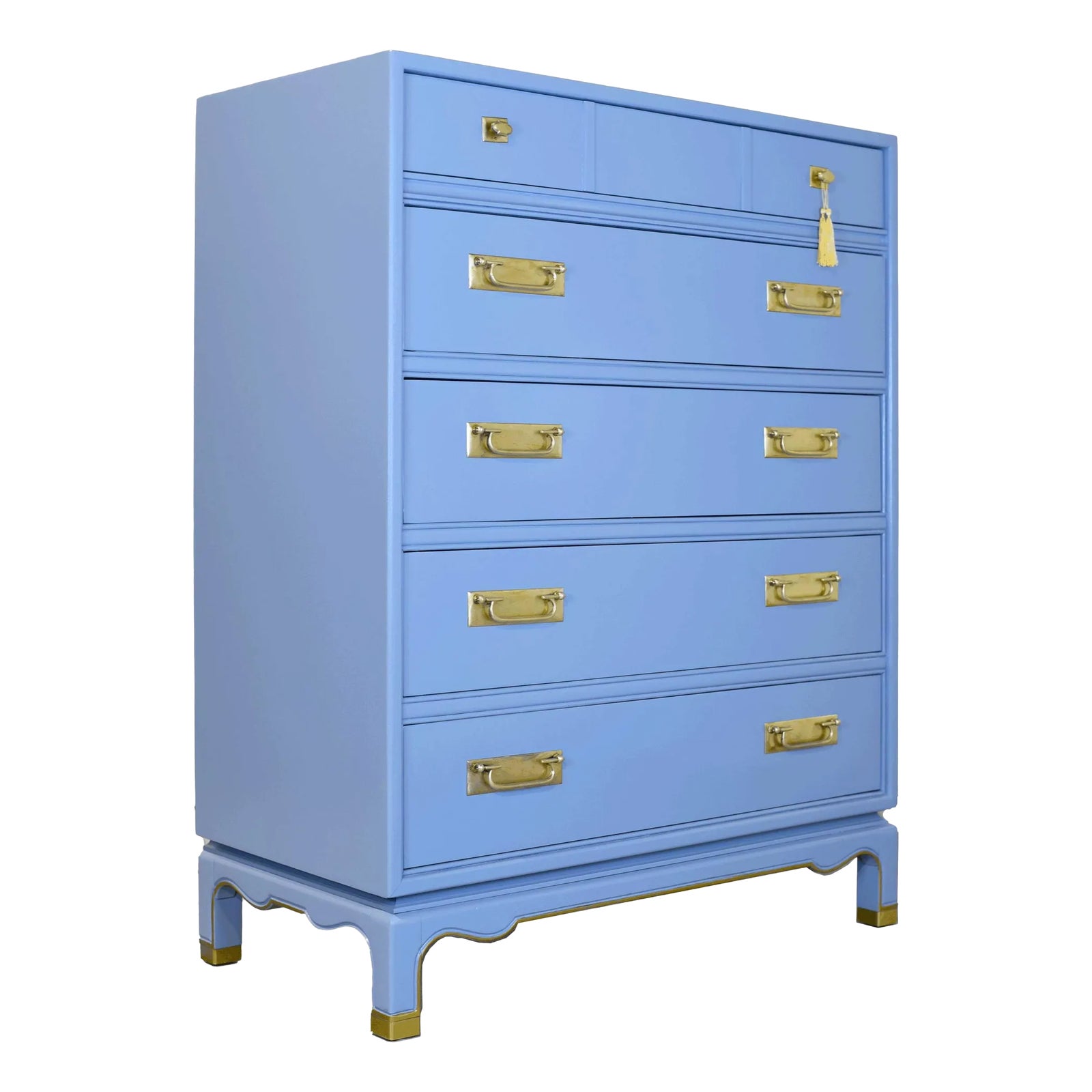 blue campaign dresser Mid Century Campaign Style Highboy Dresser in Blue - Newly Painted