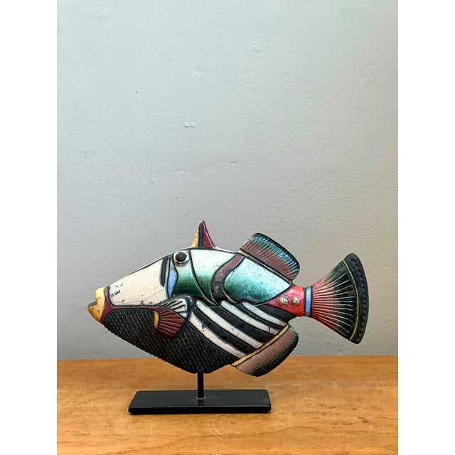 This vibrant vintage hand-painted ceramic fish sculpture is a captivating example of mid-century decorative artistry,...