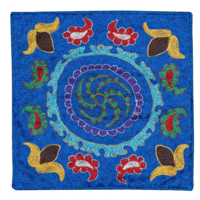 15"x16" Silk Hand Embroidery Cushion Cover. Blue Pillow. Needlework Lace Pillow For Sale