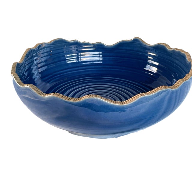 Blue Contemporary Thai Rustic Blue Wood-Ash Glazed Pottery Bowl For Sale - Image 8 of 10